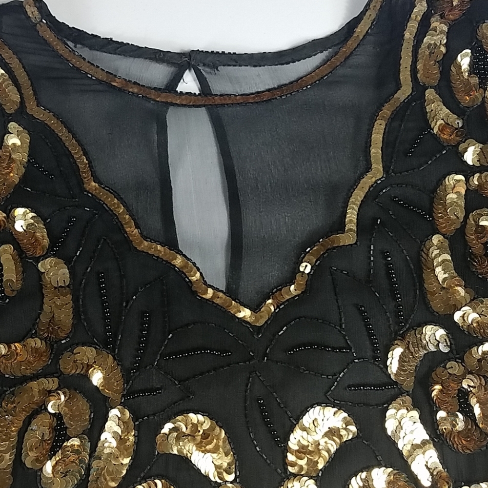 Lawrence Kazar, Black and Gold Sequined top, Sz L - Picture 2 of 8